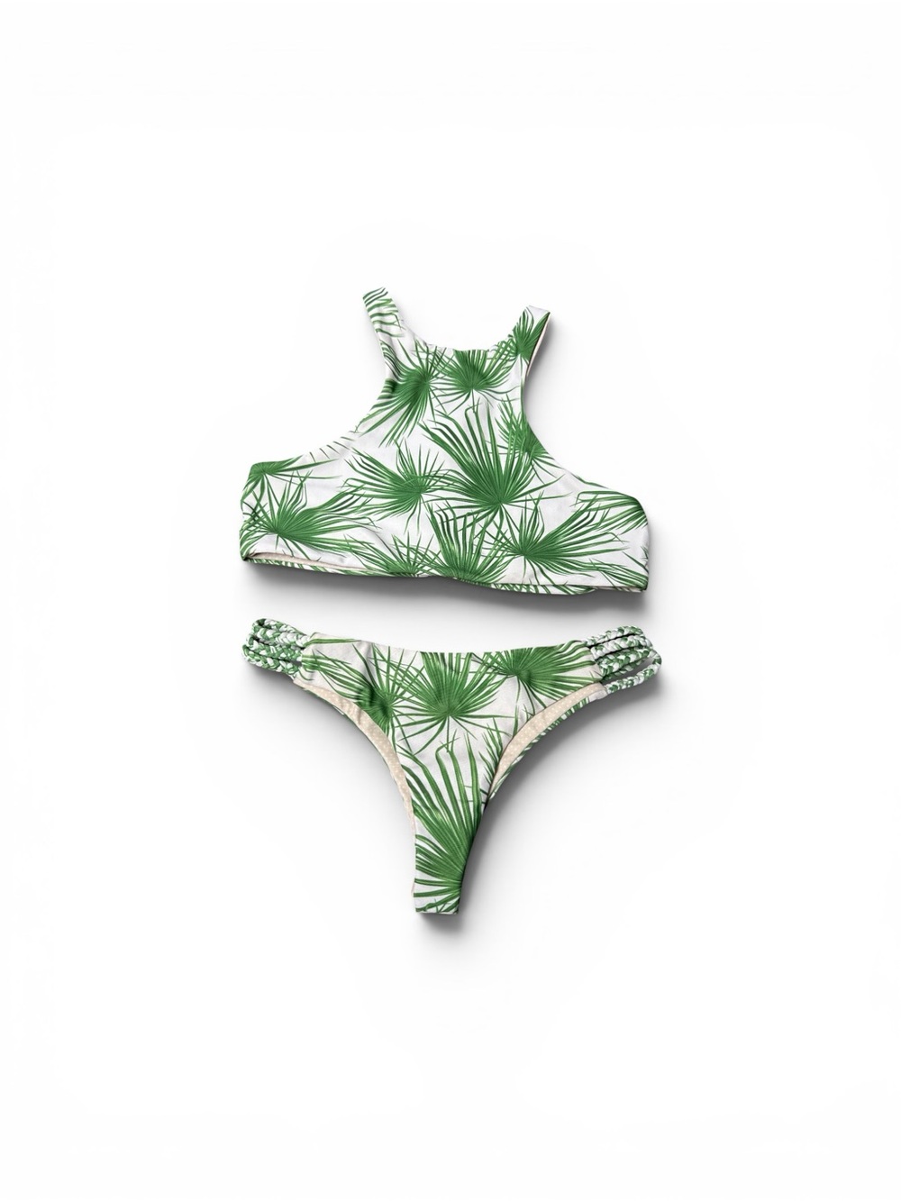 Lokahi Swimwear Palm Leaf High Neck Bikini Set in White & Green
